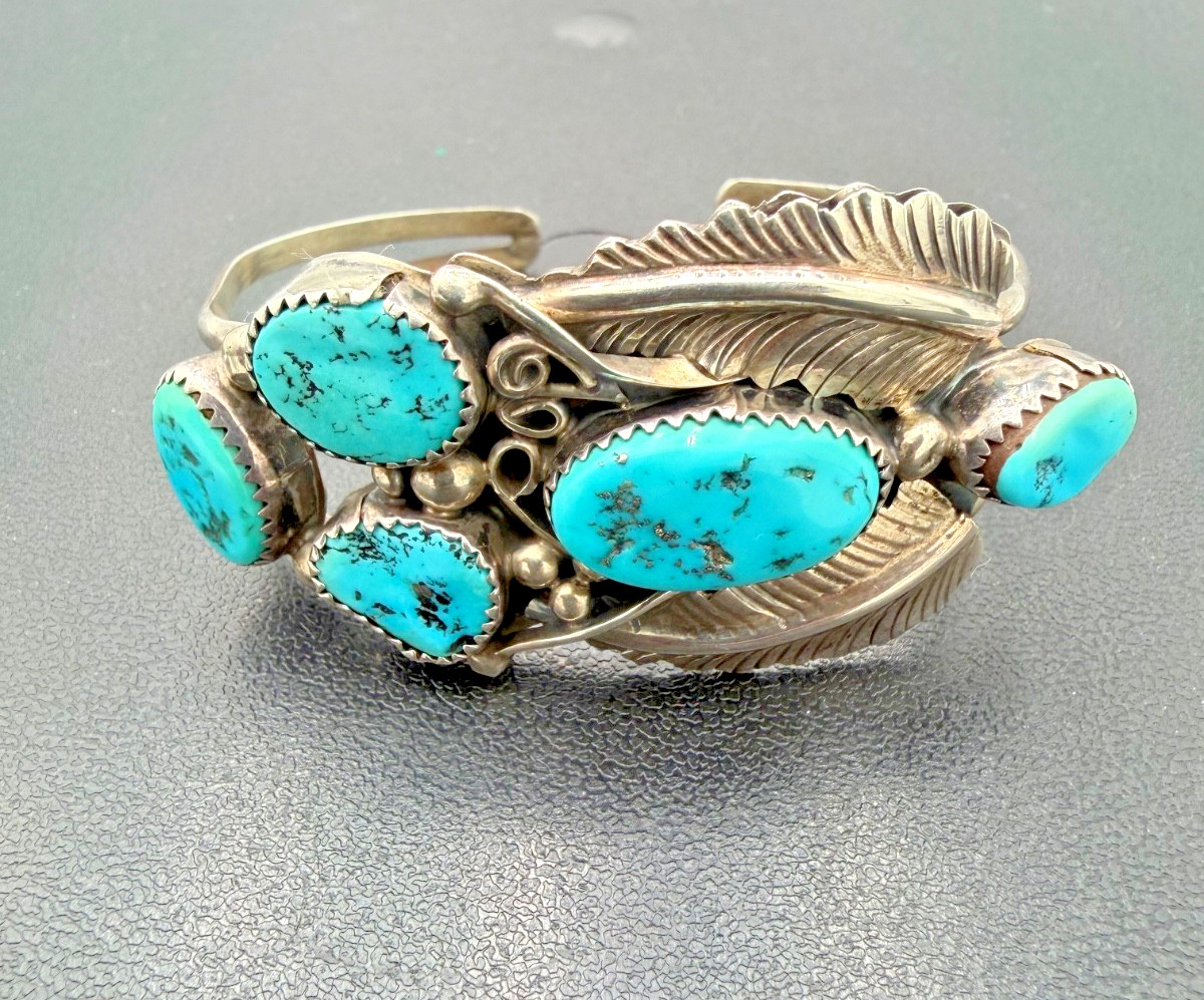 Vintage Native American Sterling Silver Turquoise Cuff Bracelet Signed LY