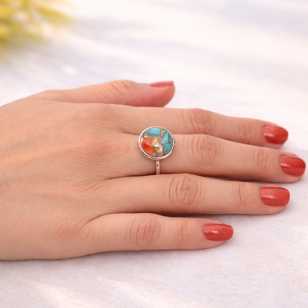 Spiny Oyster Turquoise Ring 925 Sterling Silver Handmade Ring for Women