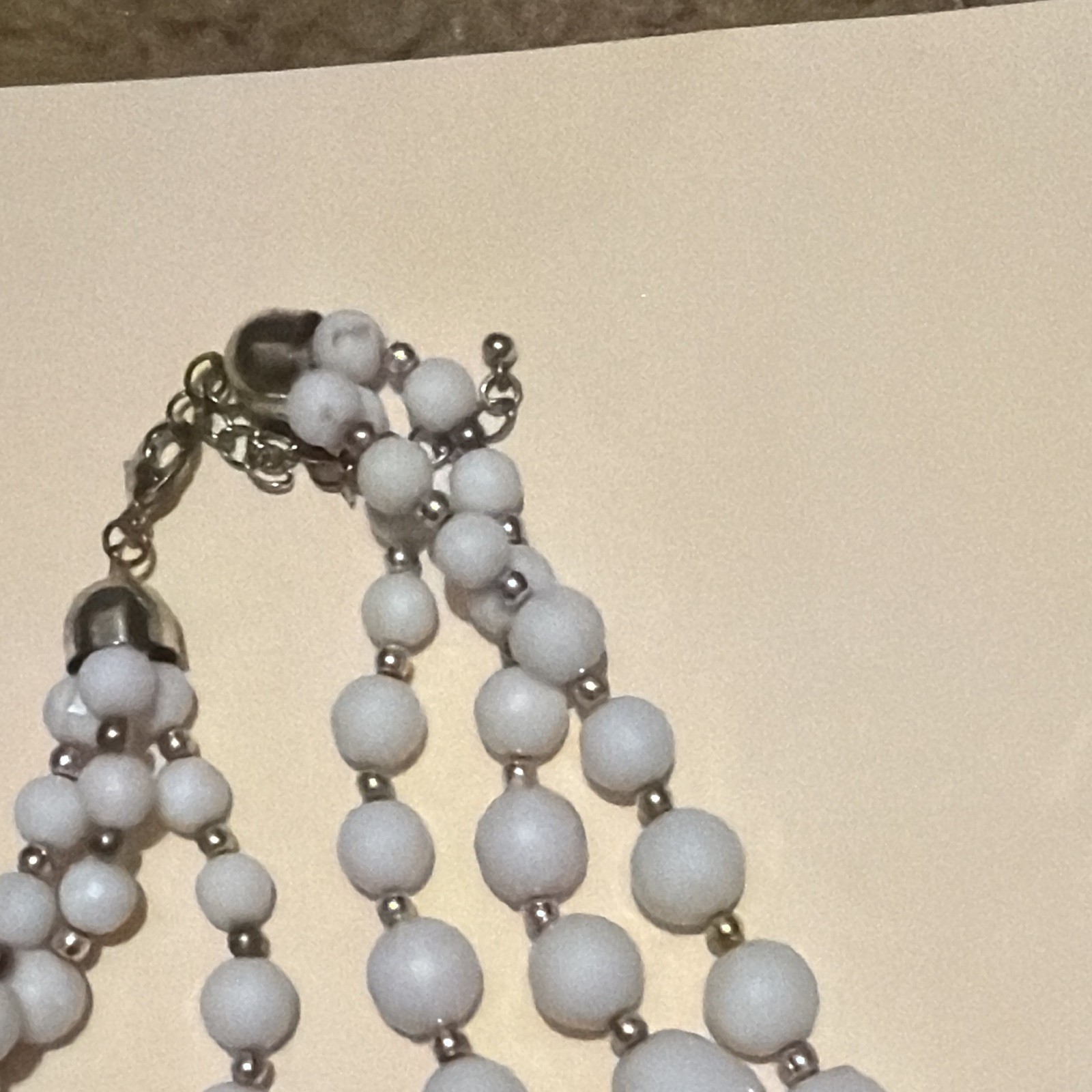 White Plastic Beaded Multi-Strand Statement Necklace, Adjustable Lobster Clasp