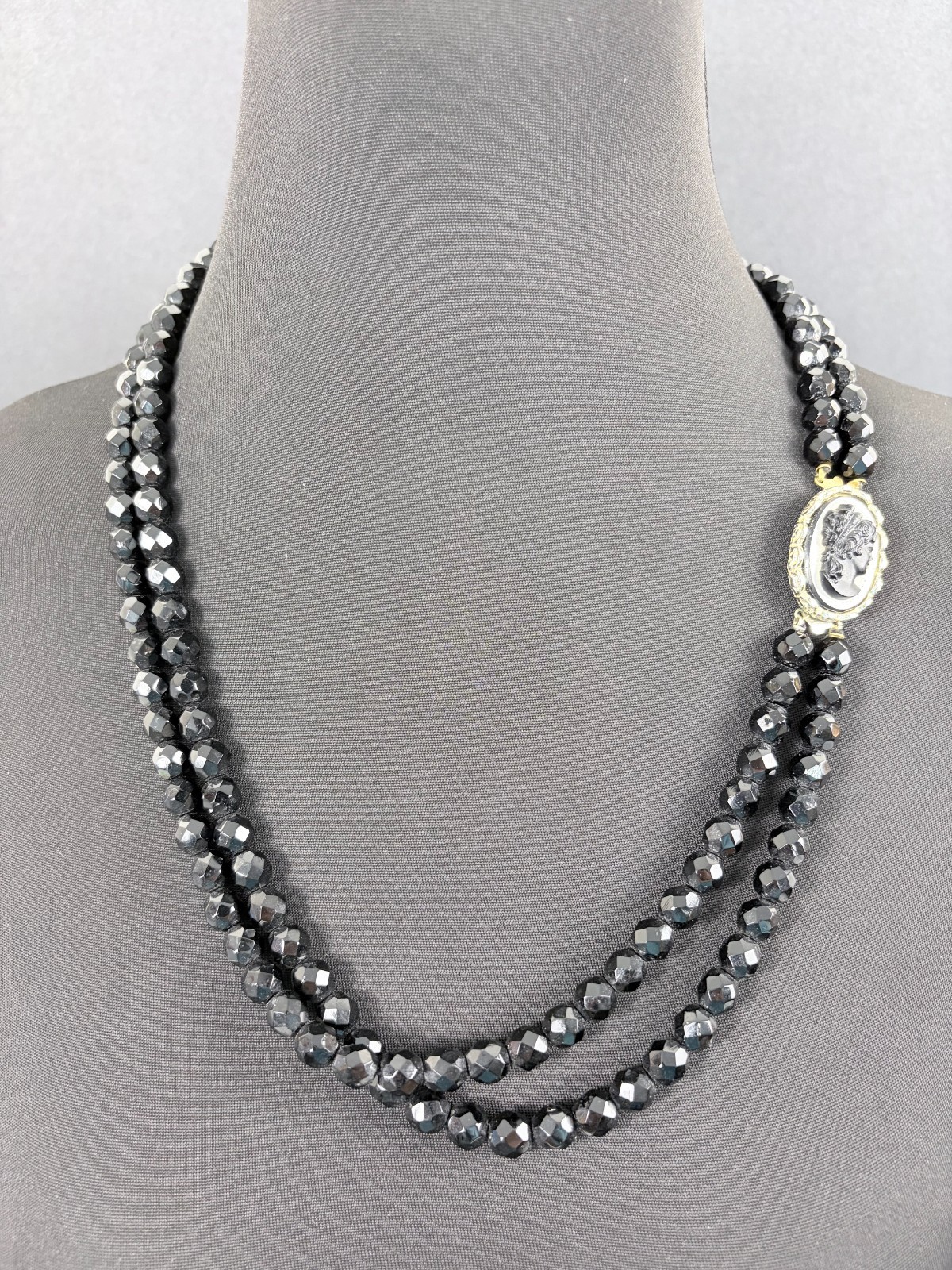 Black Glass Beaded Necklace Double Strand Cameo Clasp Art Deco French Jet Vtg