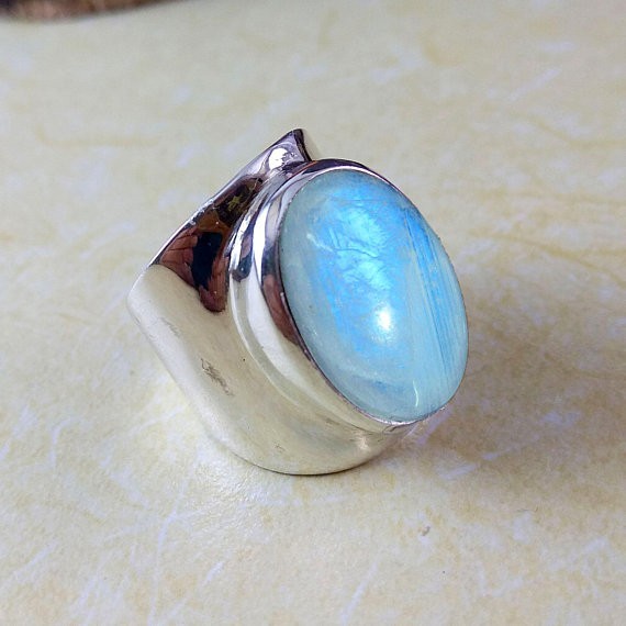 Solid 925 Sterling Silver Natural Rainbow Moonstone Gemstone Men’s Unisex Ring