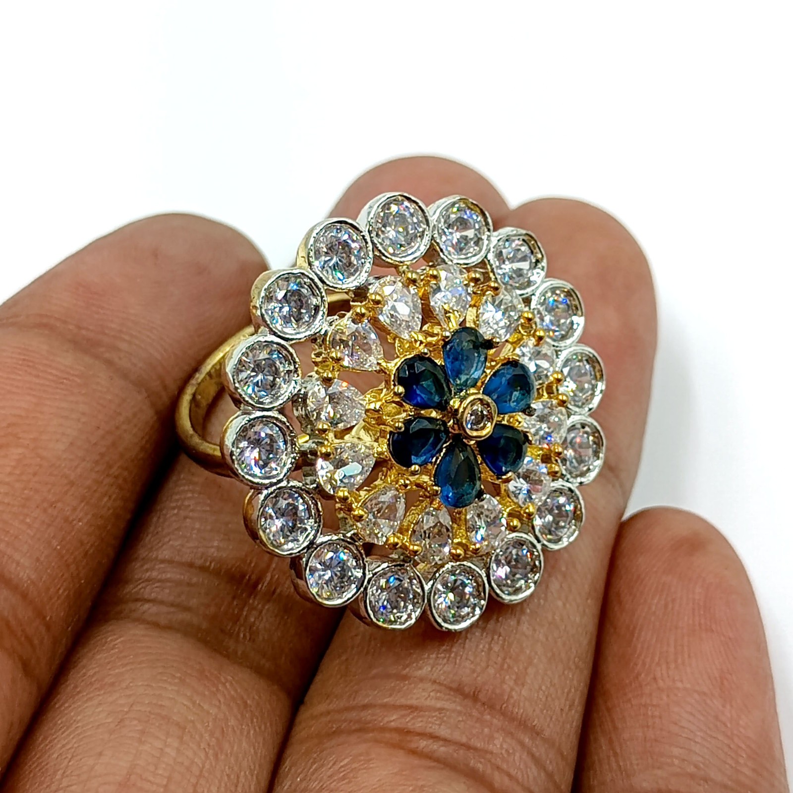 South Indian Style Pear Sapphire Ring 22k Gold Plated CZ Diamond Adjustable Band