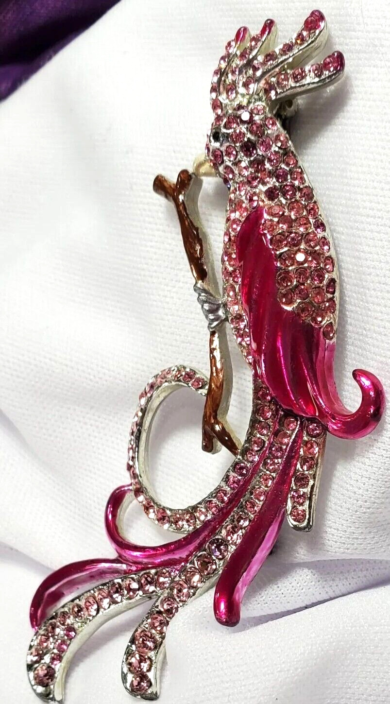 Vintage Silver Pink Bird Of Paradise Galah Cockatoo Brooch Pin