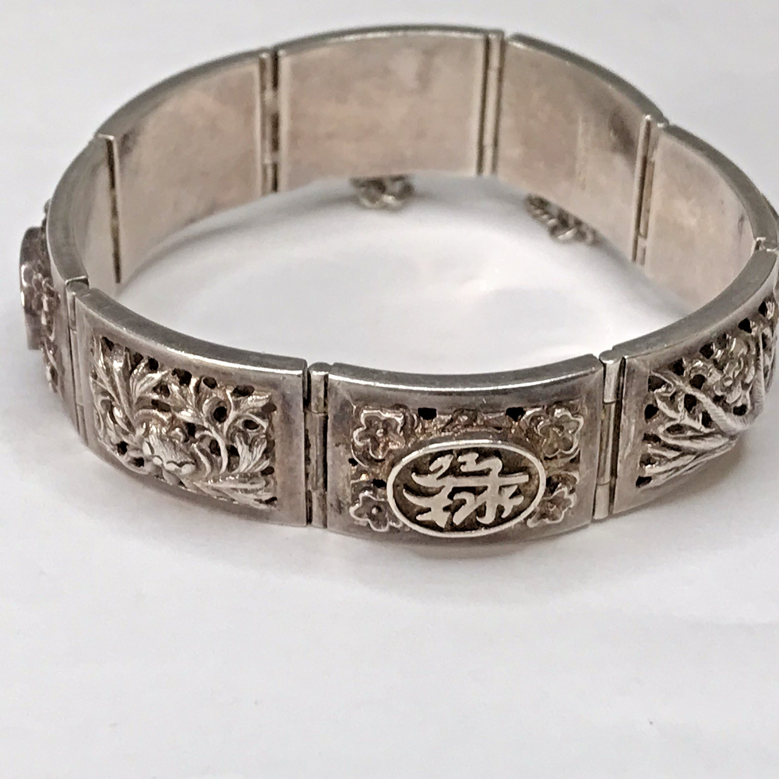 Sterling Silver Antique Chinese Character Lotus Oxidized Panel Bracelet 7″ 39.3g