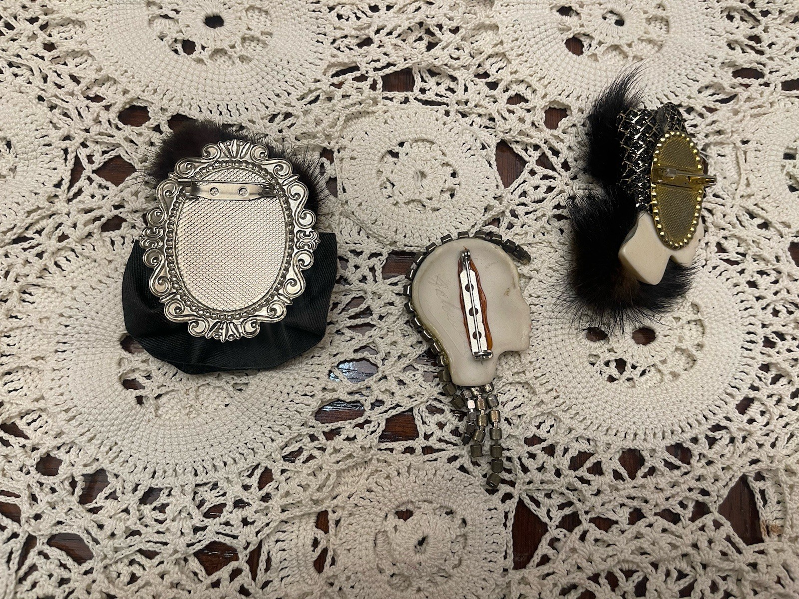 Vintage Booches Womens Faces With Fur And Rinestones