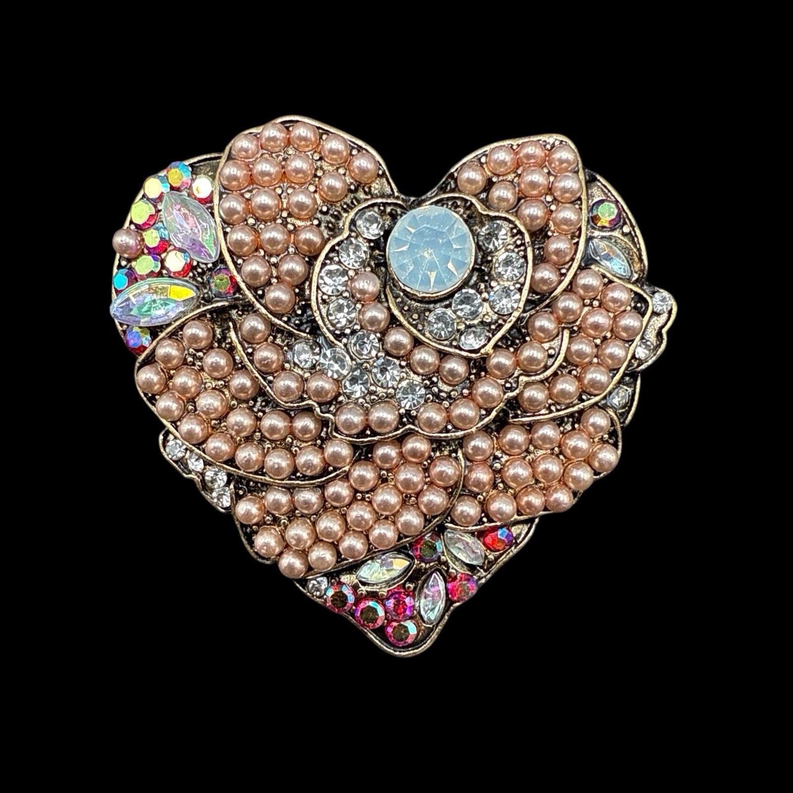 Rhinestone Pearl Heart Brooch Pin J26