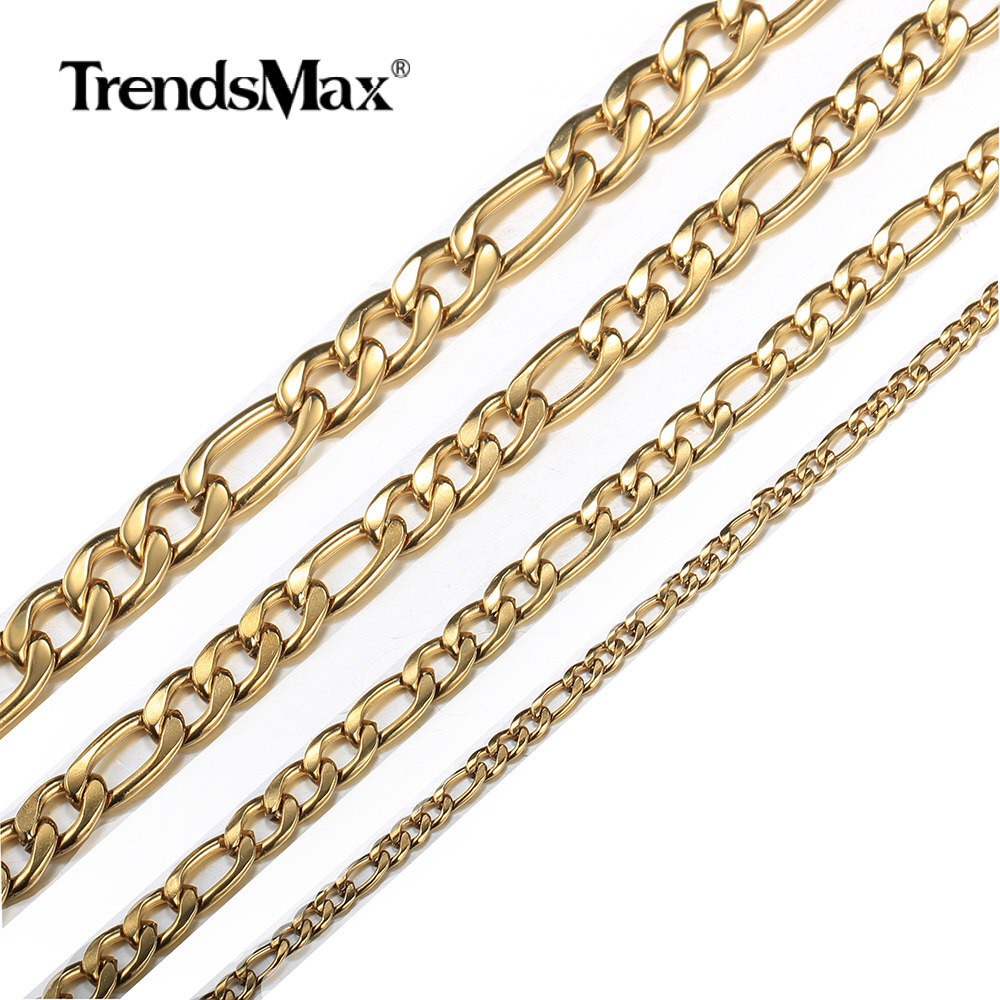 3/5/7/9mm Gold Plated Stainless Steel Figaro Chain Necklace Choker 16-30″