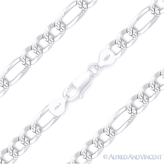6mm Figaro Link Chain Diamond-Cut Pave Bracelet Solid .925 Italy Sterling Silver