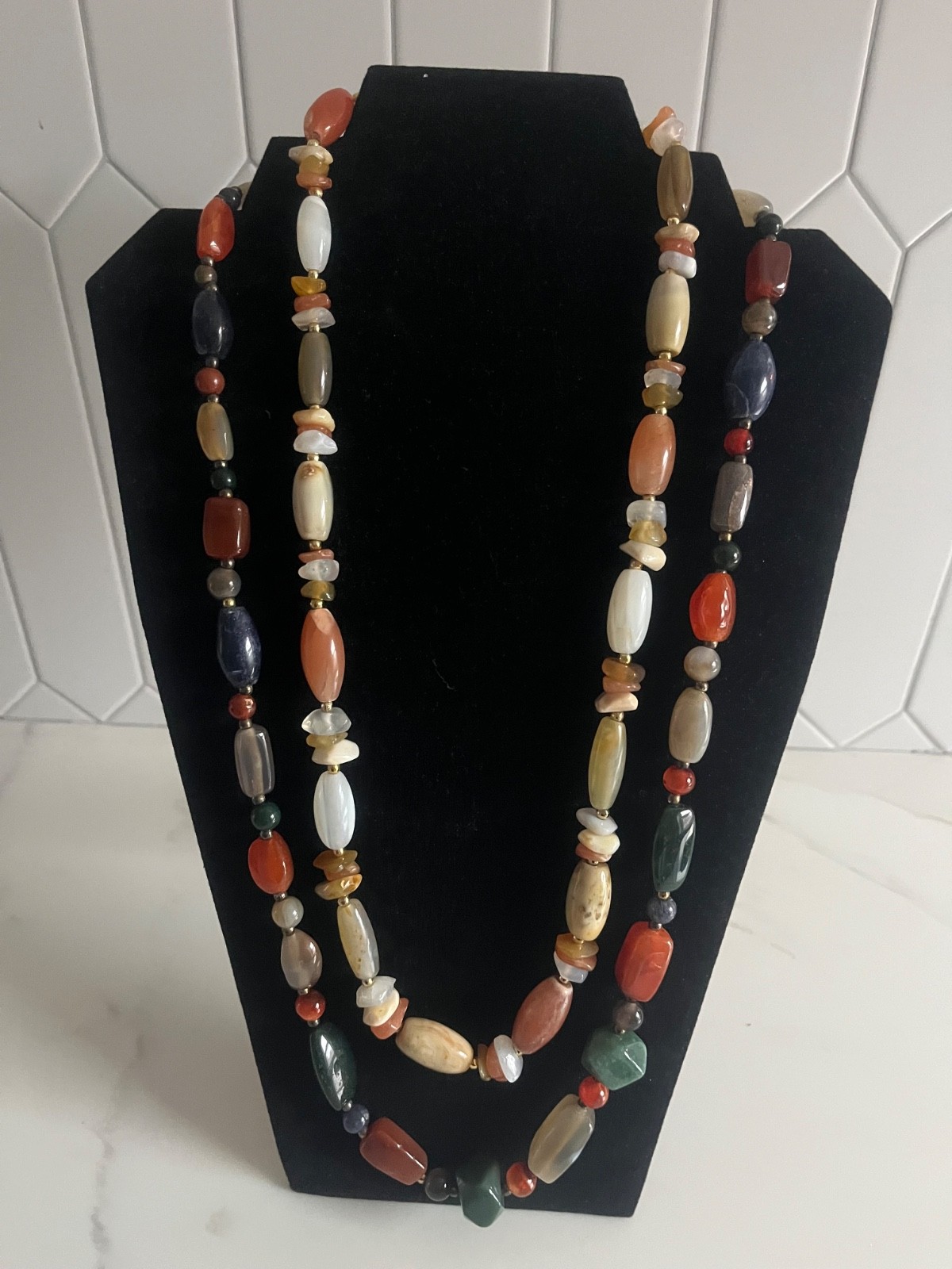 Lot of 2 Vintage Multi Color Agate Quartz Beads Various Gemstones Necklaces