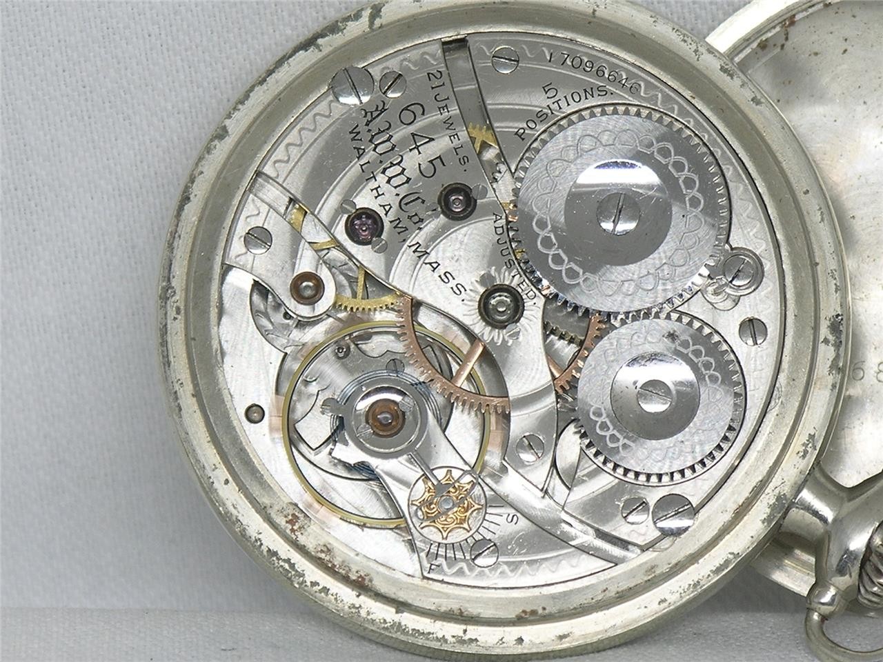 ANTIQUE 16S WALTHAM 21 JWL GR 645 RAILROAD SILVEROID POCKET WATCH, RUNNING!