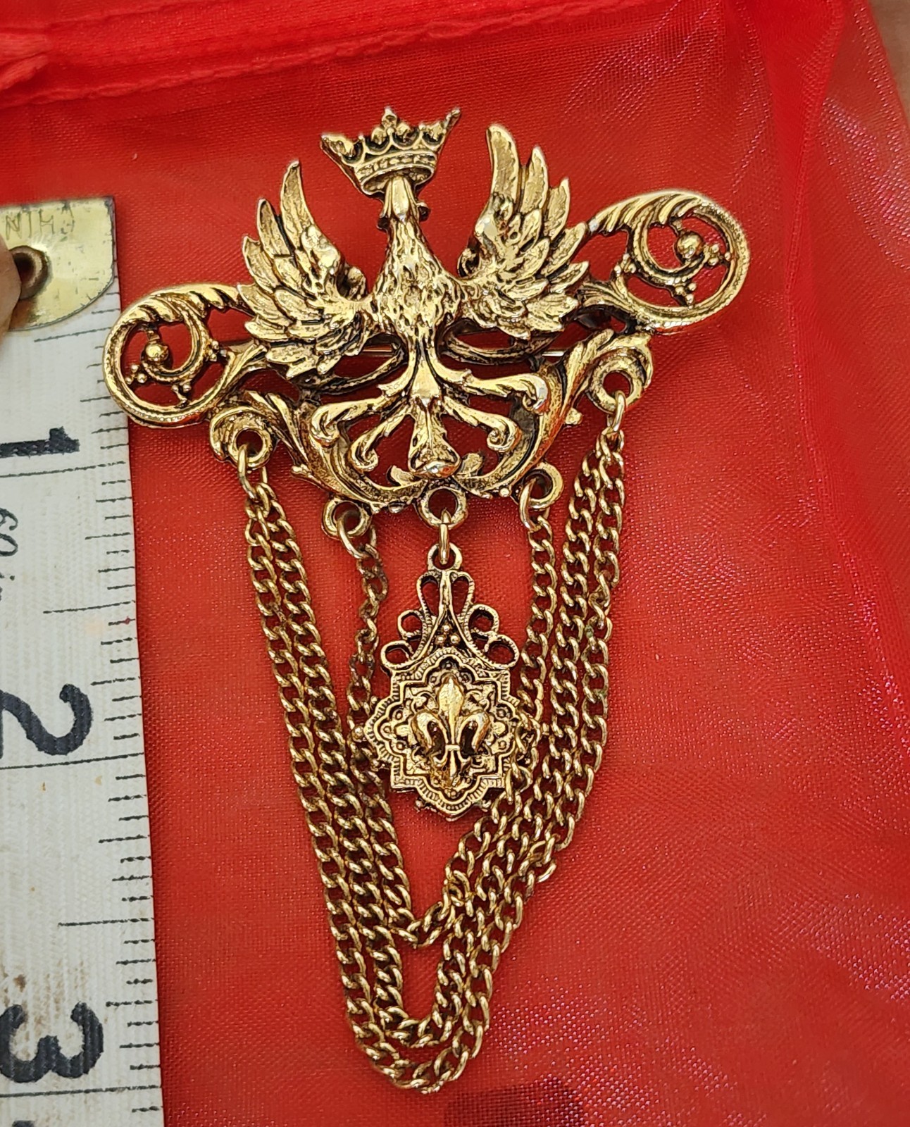 VTG Arthur Pepper ART Chatelaine Brooch Pin Chain Eagle Wings Crown Fleur Di Lis