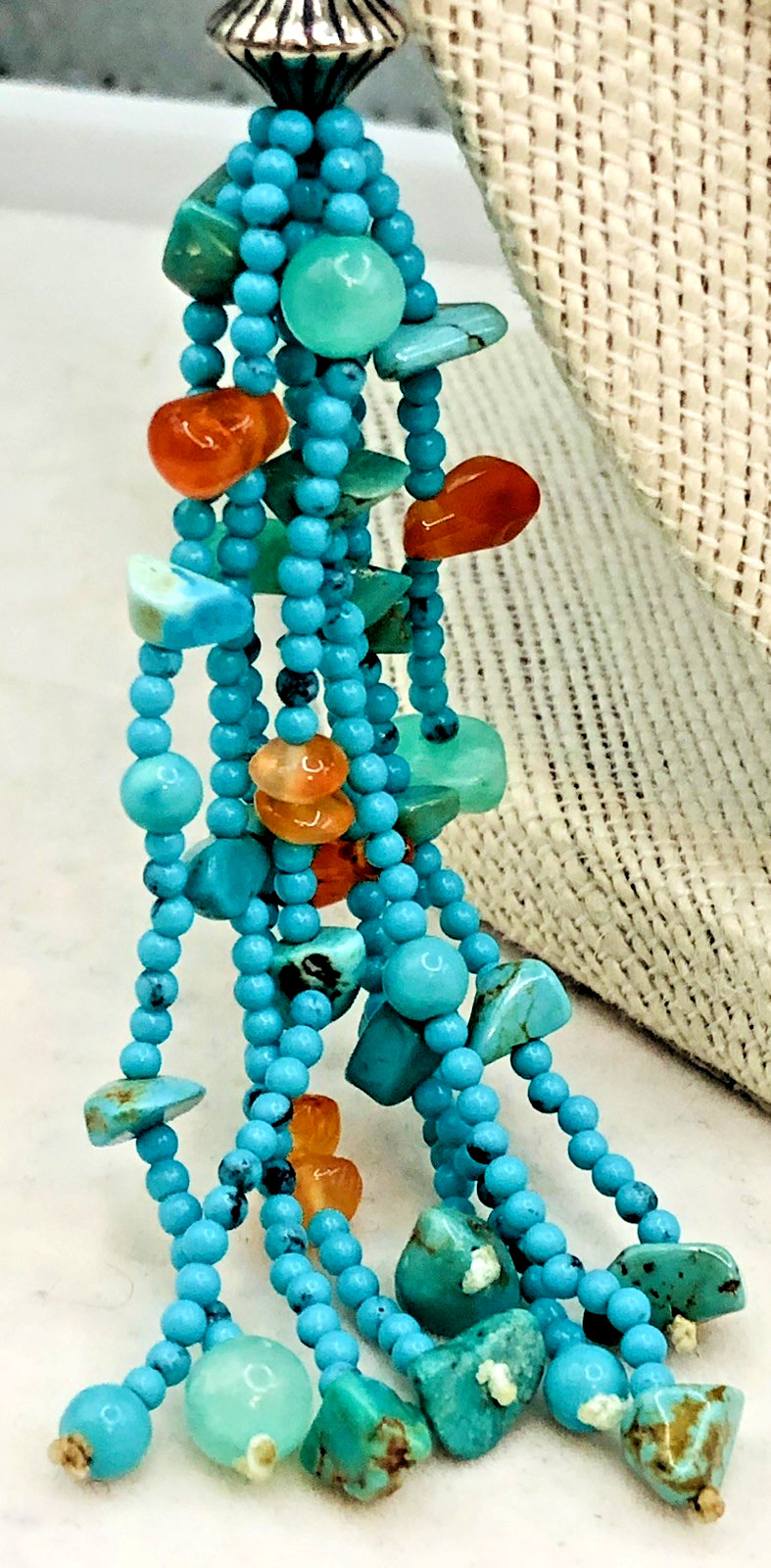 Vtg 58 Inch Beaded Tassel Lariat Necklace Sterling, Turquoise , Chrysoprase etc.