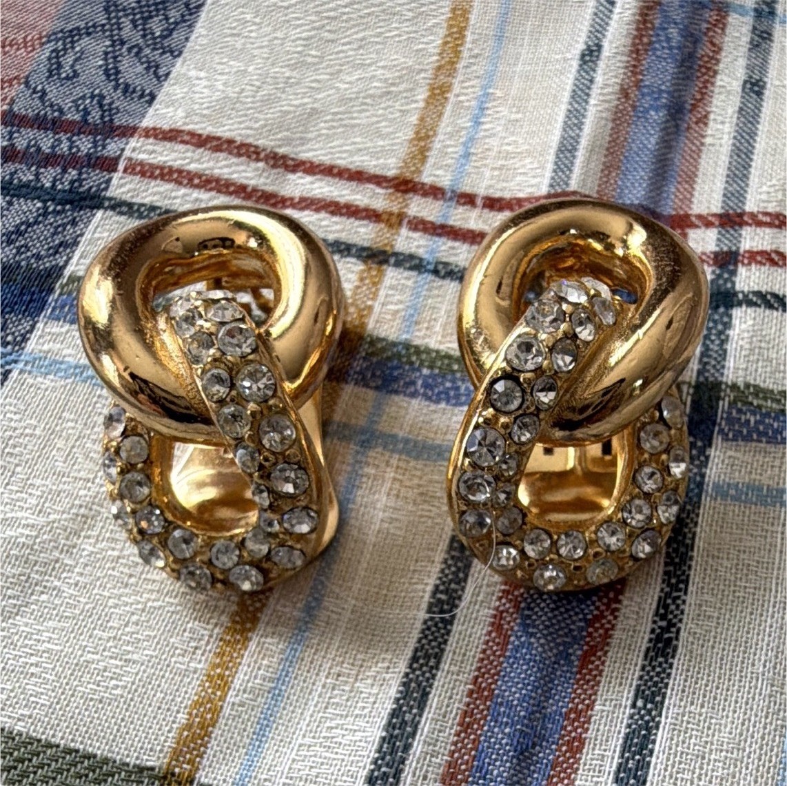 Vintage Christian Dior Interlocking Link Clip On Earrings Rhinestone Signed Gold