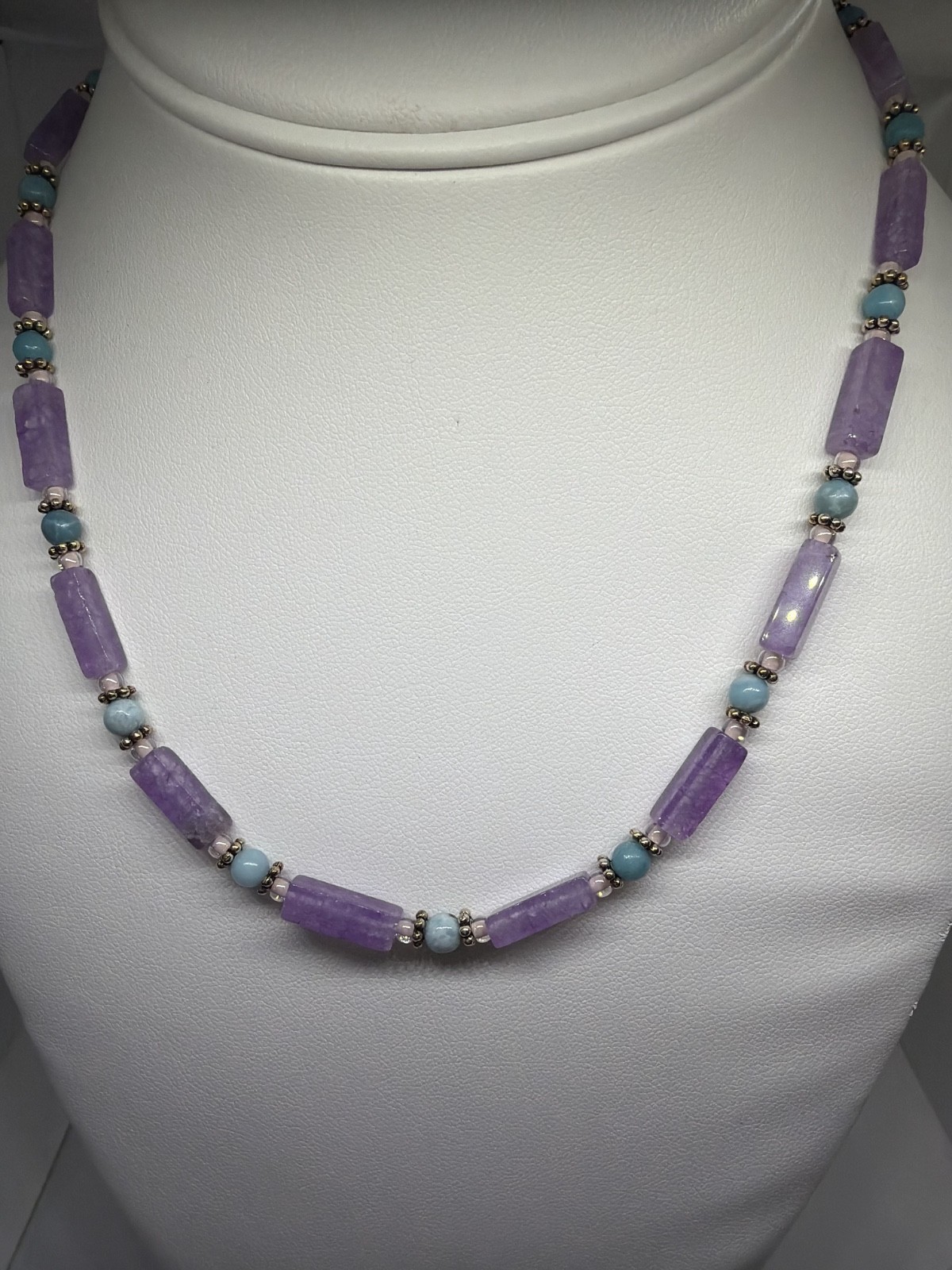 Larimar and Amethyst handcrafted Beaded Necklace with Silver plated Clasp