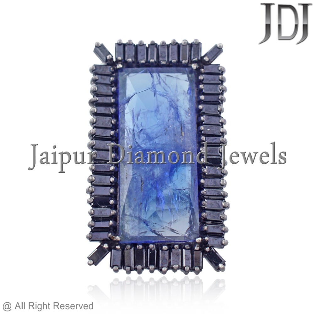 Natural Tanzanite Gemstone Black Diamond Baguette Cut 925 Sterling Silver Ring