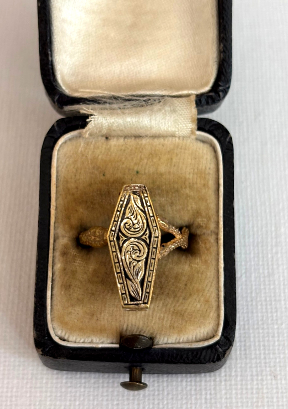 Ant. French Imperial Memento Mori Snake Casket Pill Box Silver Gild Enamel Ring
