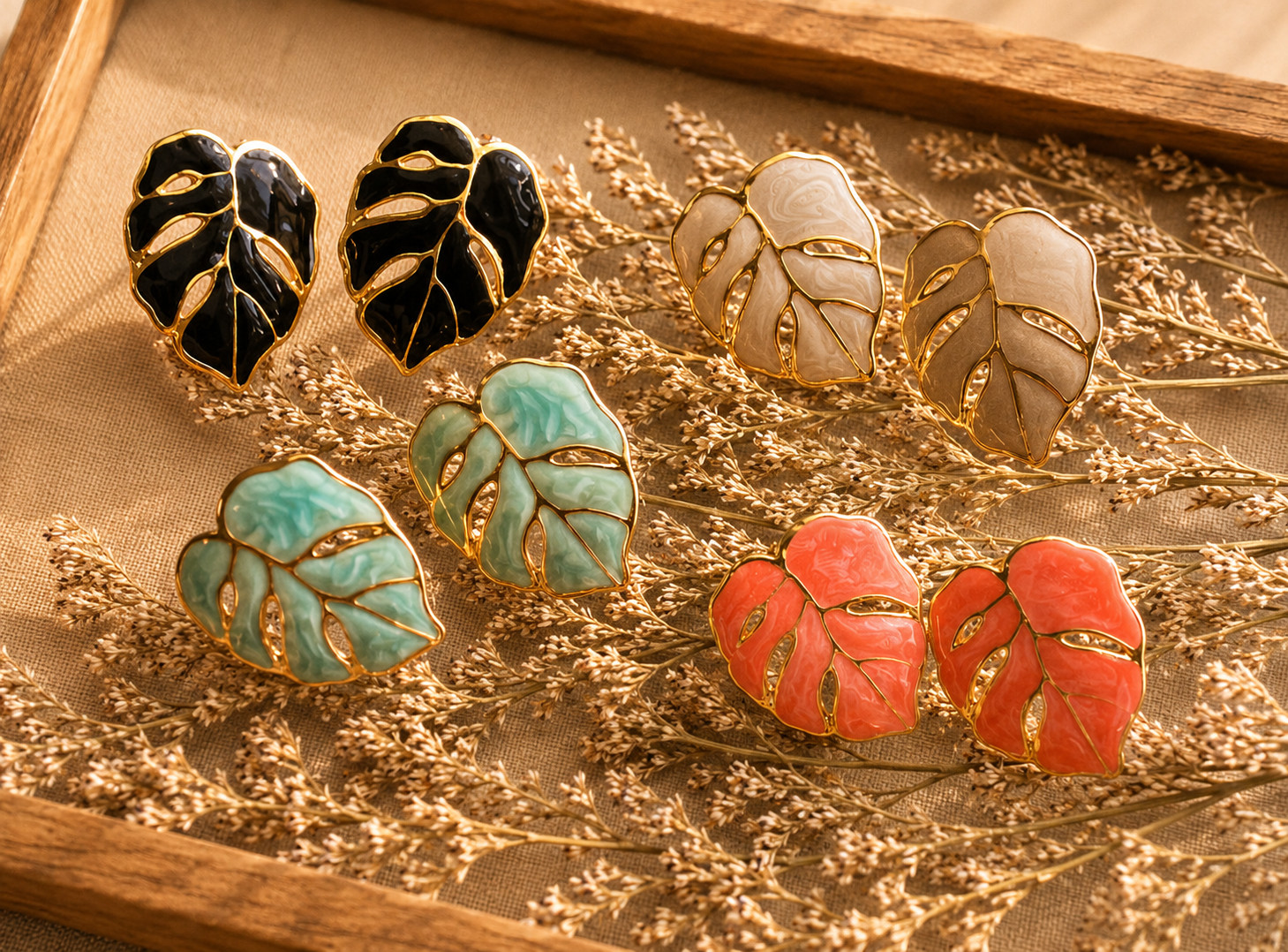 Tropical Plant Leaf Stud Earrings, Botanical Enamel Studs