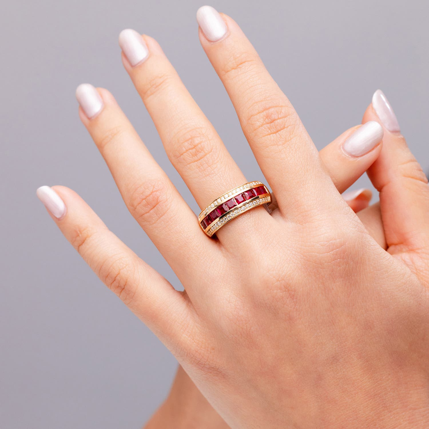 ANGARA Square Ruby and Diamond Half Eternity Band in 14K Gold (1.55 ctw, A)