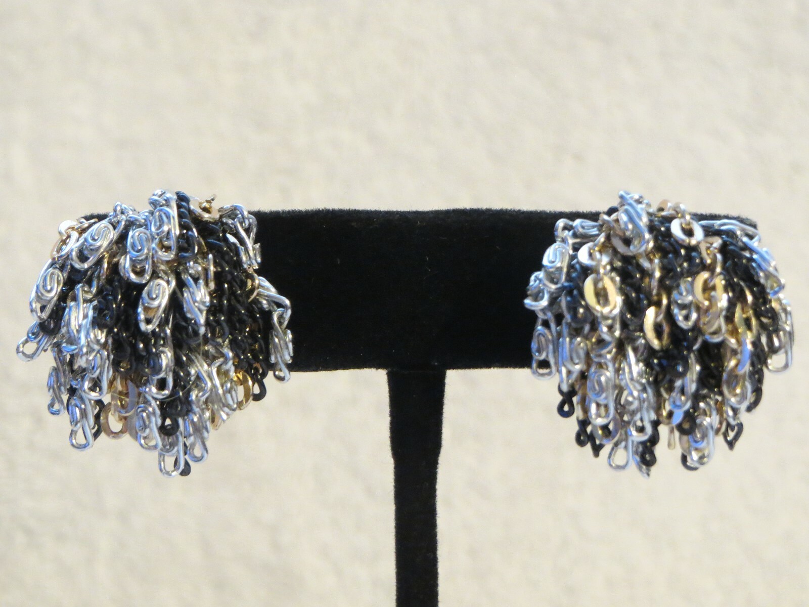 Vintage Black Silver Gold Chain Cluster Clip-On Earrings Signed Vogue