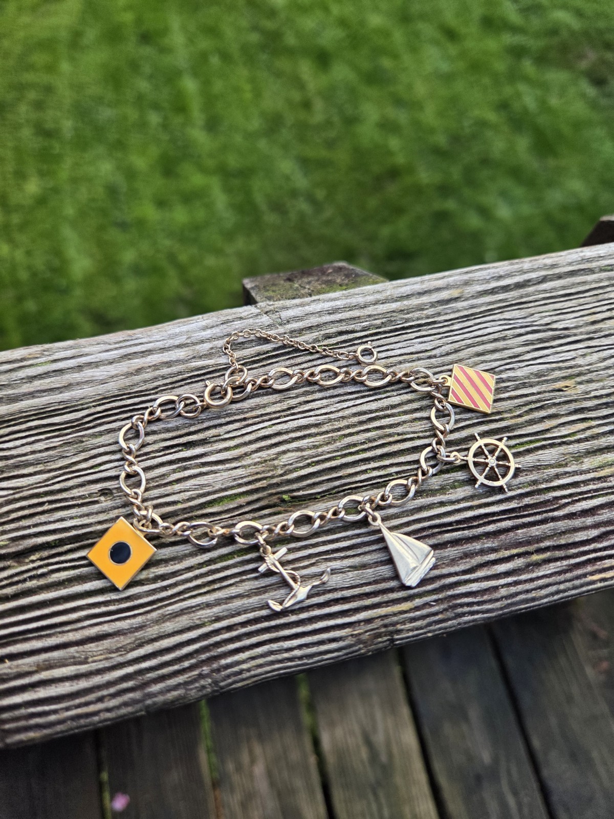 Vintage Sailing Charm Bracelet Nautical Gold Tone Anchor Sail Boat Flags Wheel