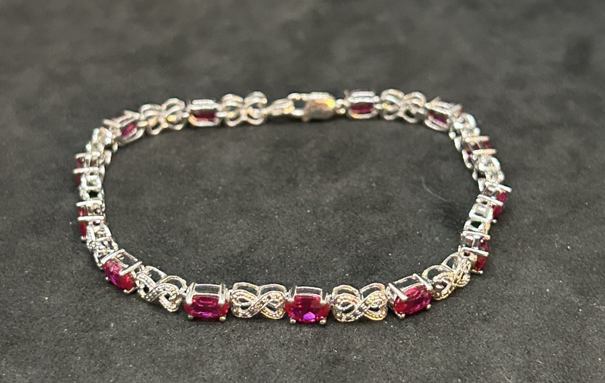 925 Sterling Pink Gem infinity Heart Chain Tennis Bracelet 4mm 7.5in – 7.82g
