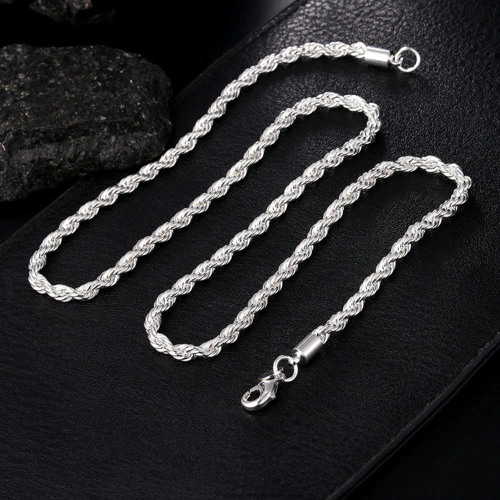 4MM Rope Chain Necklace 925 Sterling Silver Fashion Jewelry for Women Men Gift