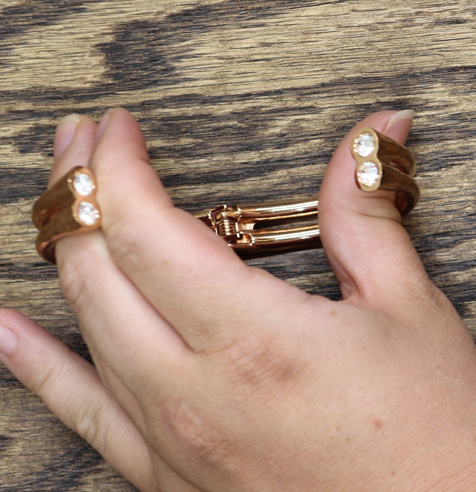 Rhinestone Double Split Band Hinged Open Cuff Bracelet Rose Gold / Clear