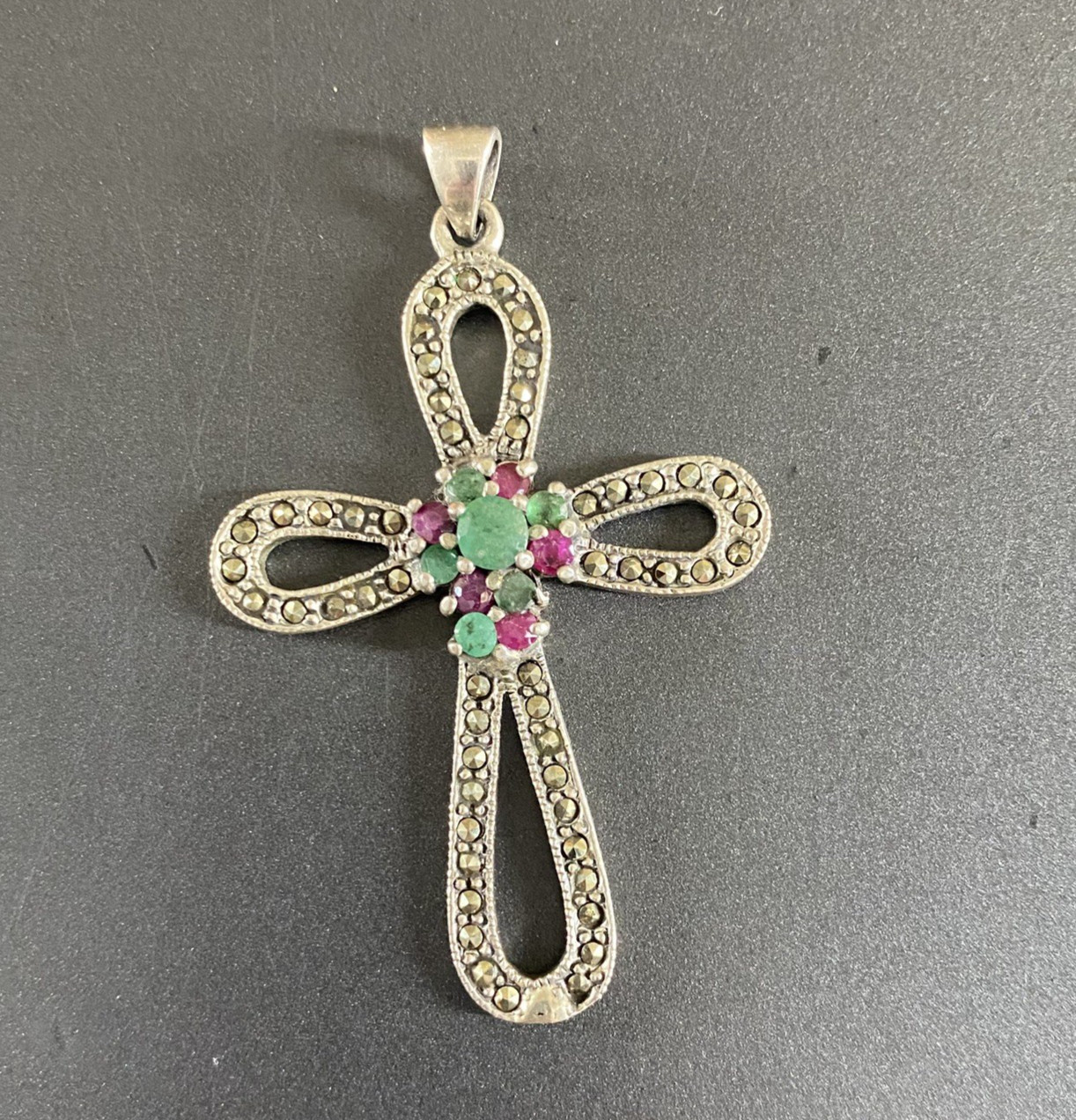 Sterling Silver Cross Pendant Large 925 Emerald Ruby Marcasite Gothic Religious