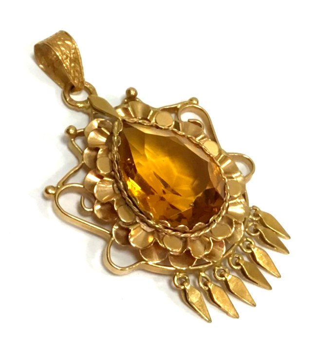MA3) 19k Portuguese Gold 7.0 Grams Large Pear-cut Yellow Stone Pendant 2″ Length