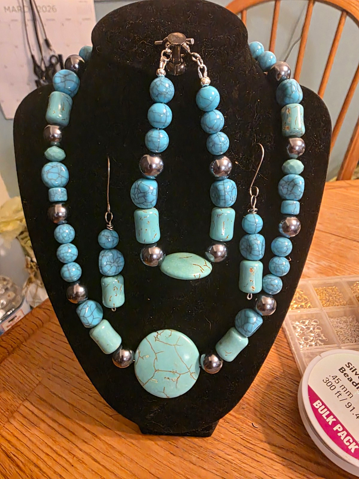 Handmade Turquoise/Howlite Stone Jewelry Set With Gunmetal Spacers