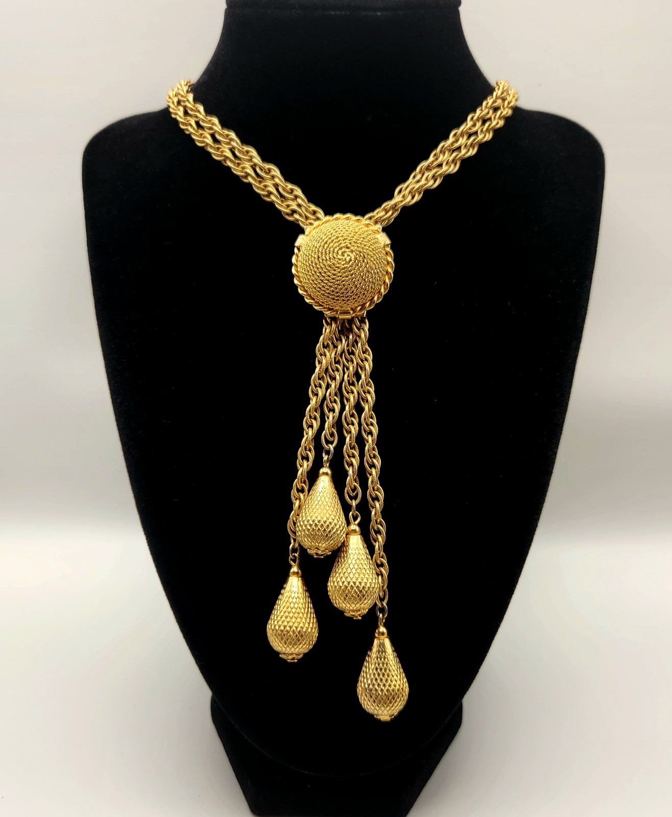 Vintage Gold Tone Lariat Necklace Adjustable Slider Bead Tassel Drop Statement