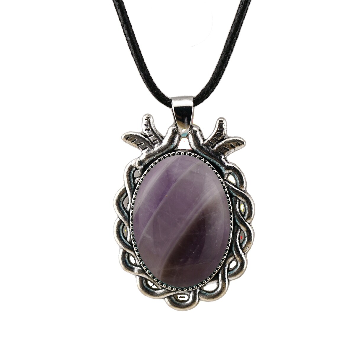 Natural Gemstone Oval Pendant with Lace and Bird Feather Wrapped Necklace