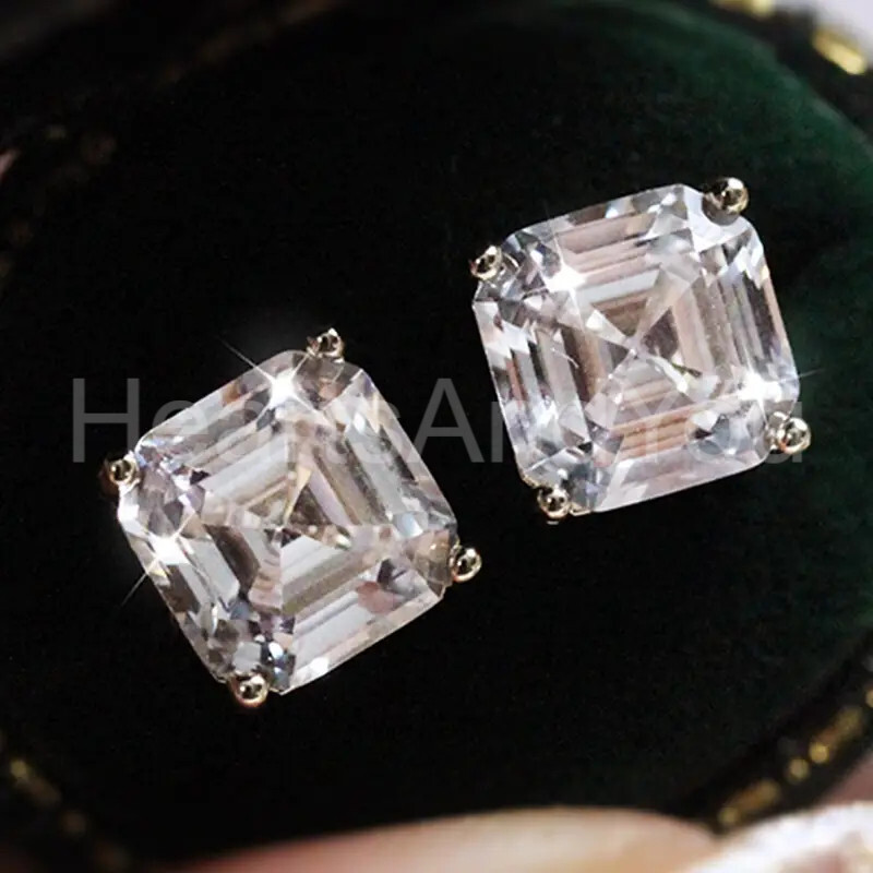 3ct Asscher Cut Moissanite Classic Solitaire Stud Earrings 14K White Gold Plated