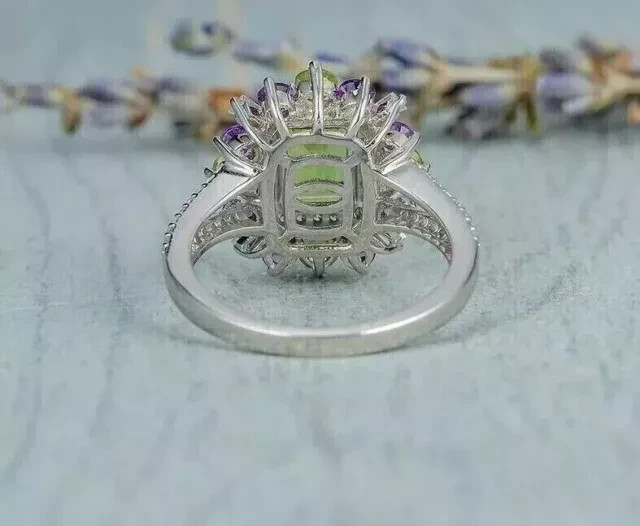 Lab Created Peridot 3.00Ct Emerald Cut Halo Wedding Ring 14k White Gold Plated