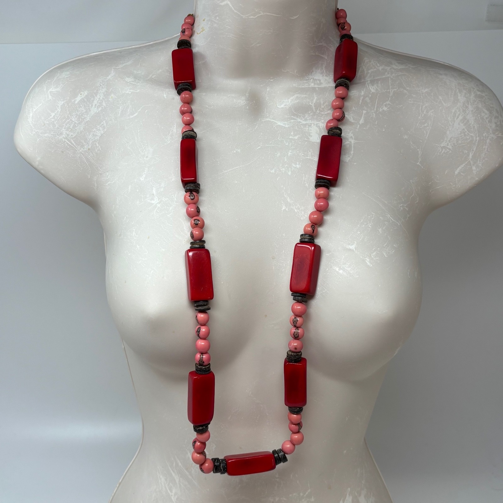 Tagua by Soraya Cedeno Womens Chunky Long Beaded Necklace Red Pink Coconut Shell