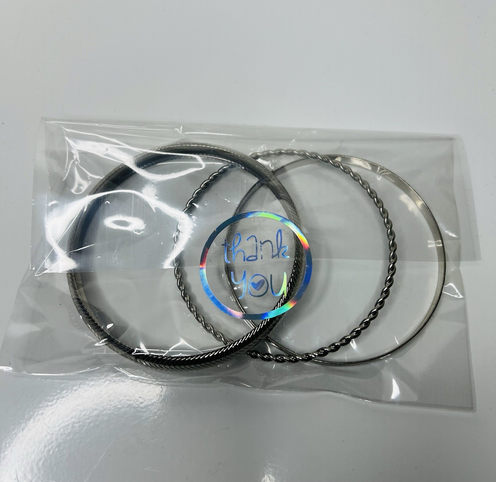Set of 3 Silver Tone Metal Stackable Bangle Bracelets Round Fashion Jewelry M/L