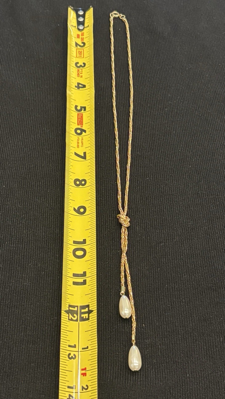 Gold Tone Rope Chain Tassel Necklace w/ 2 White Teardrop Pearl Dangles