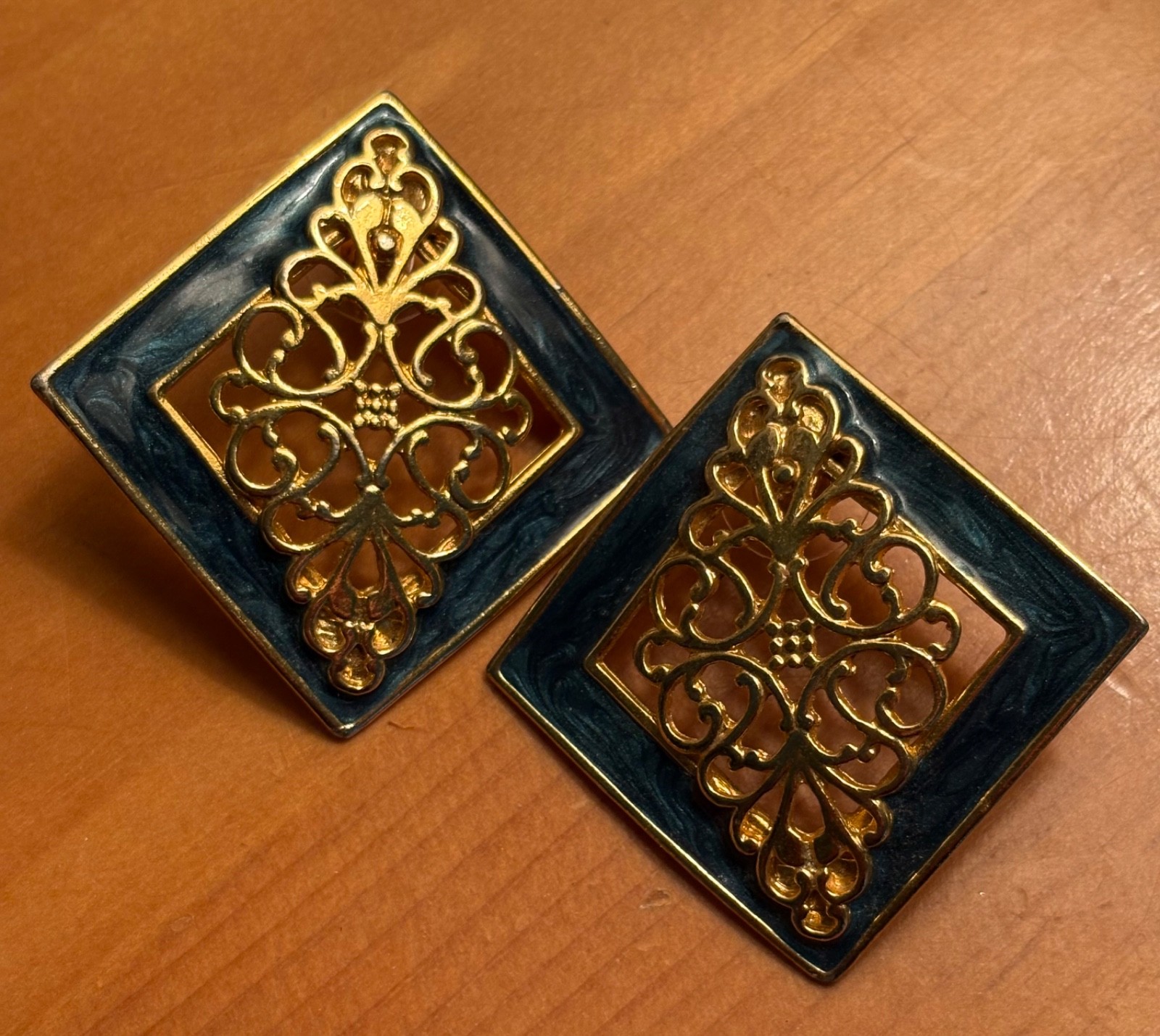Vintage 1980s Enamel Earrings (Lot of 2) Gold/Blue and Gold/Purple