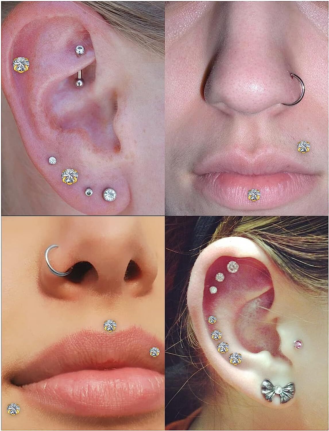 3 pc 20g 18g 16g Push Threadless Gold Steel Nose Stud Labret Tragus Lip Ear Ring