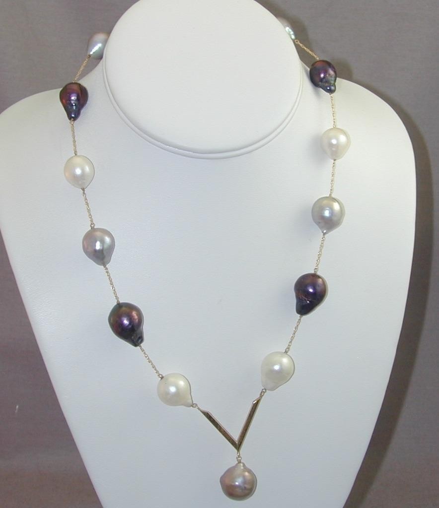 Vintage 14-18mm Gray Black White Baroque Pearl V Necklace 14k 17.75” Tahitian