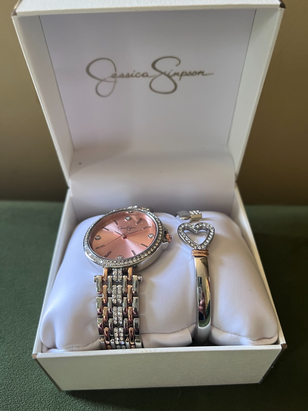 Jessica Simpson Watch Silver & Rose Gold Tone Key Heart Bangle Bracelet Set NEW