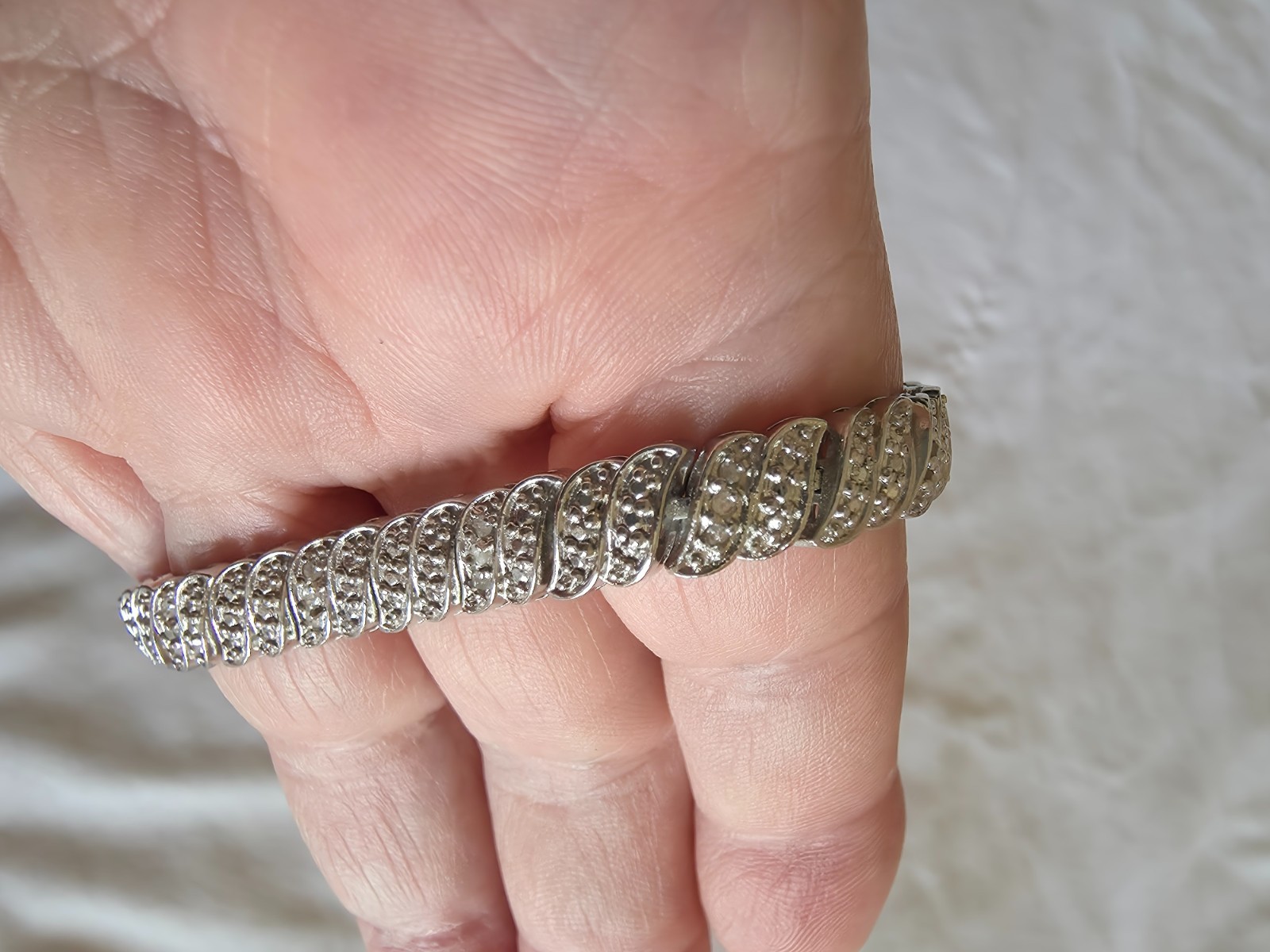 Vintage Silver Tone Tennis Bracelet with Pave Set Rhinestones and Zig Zag Design