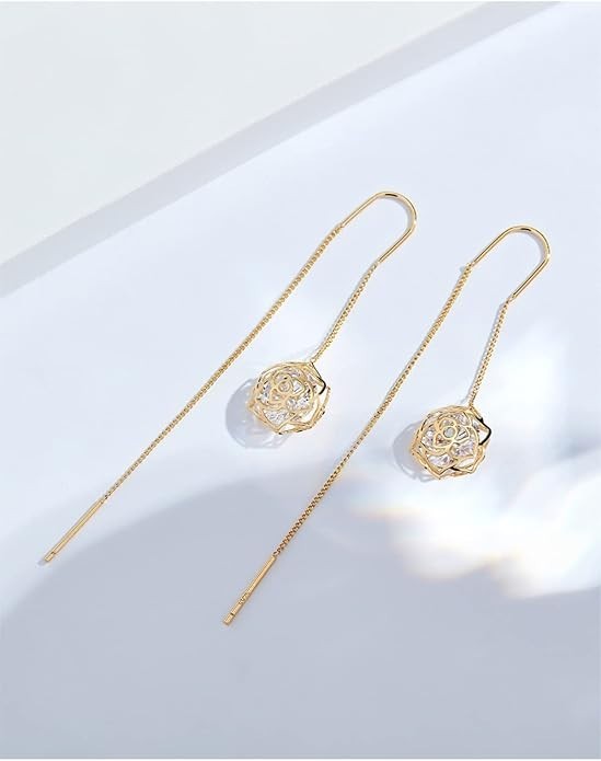 Aretes Largos de Cadena Flor Rosa Oro 14K para Mujer o Dama de Honor