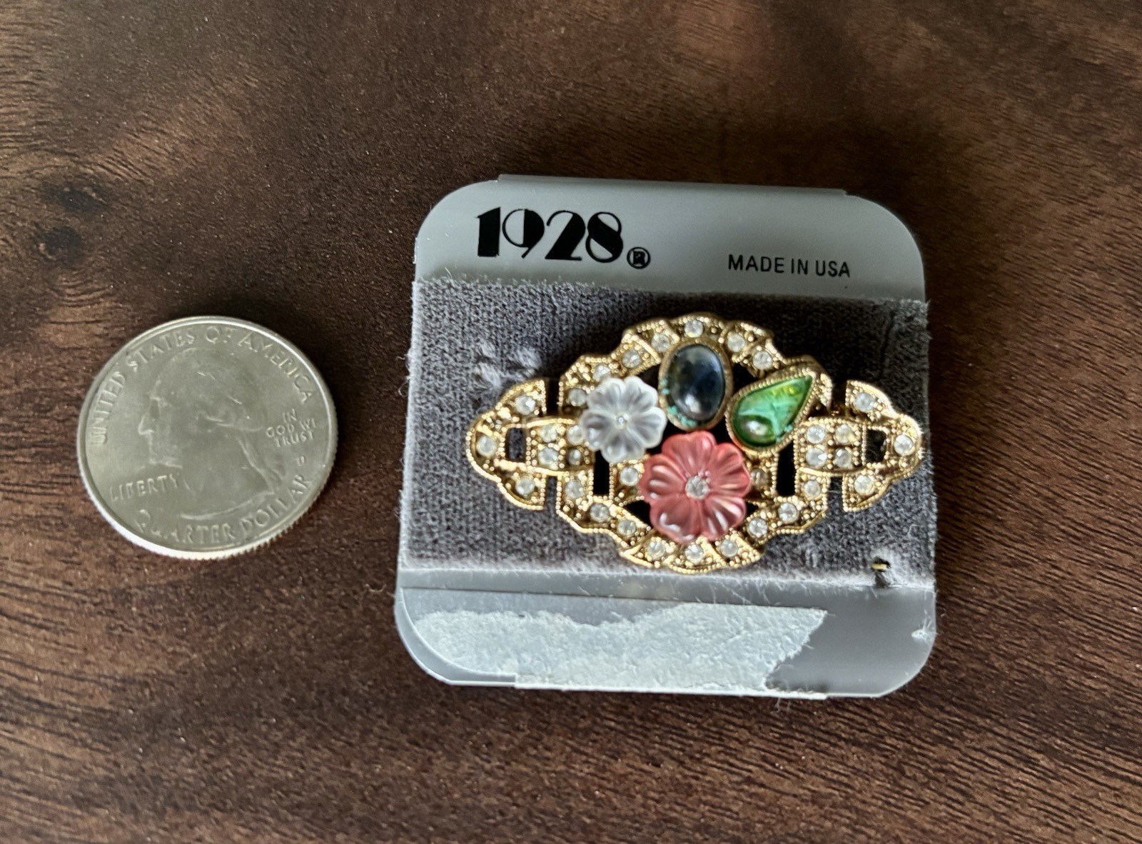 1928 Gold Tone Floral Multicolor Crystal Brooch Pin Flower Made in USA