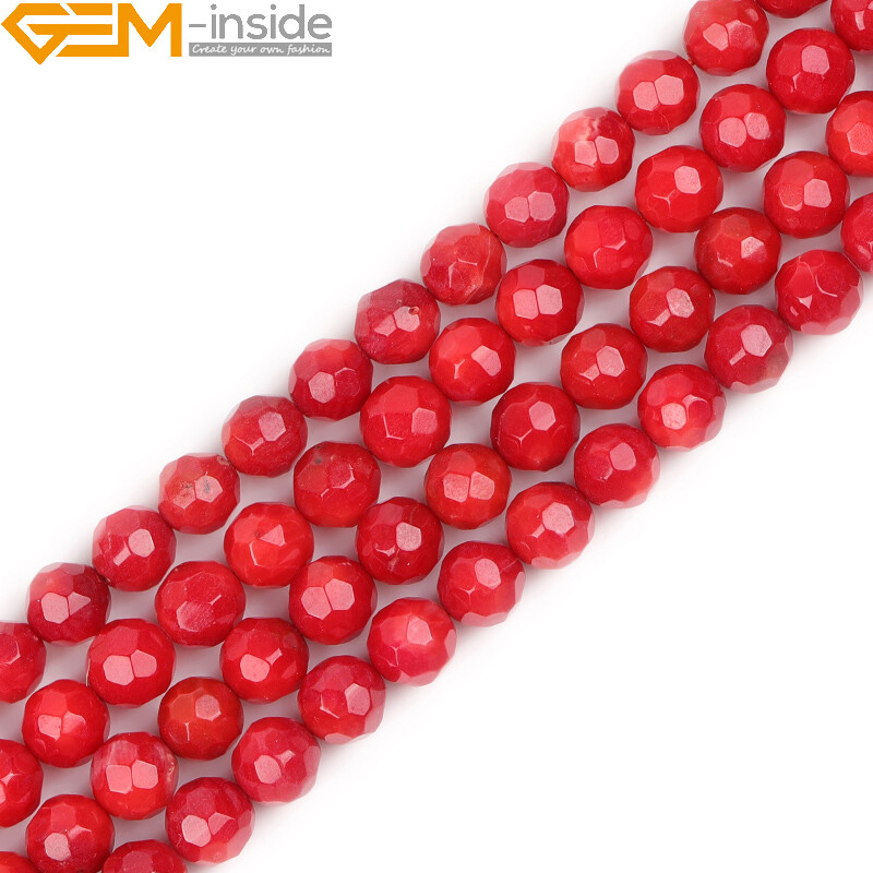 Faceted Red Coral Beads 15″ – Dyed Round Loose Gemstone Jewelry Making Strand”