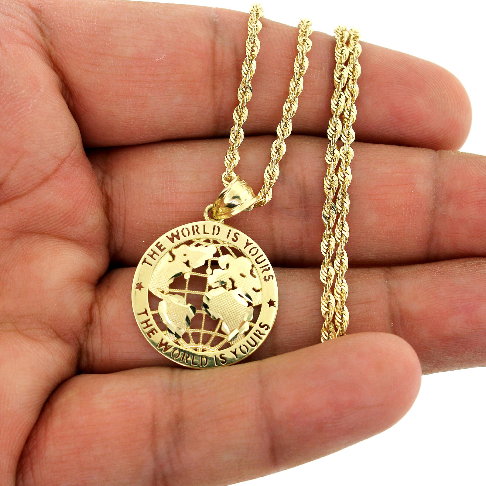 Mens Real 10K Yellow Gold The World is Yours Globe Pendant & 2.5mm Rope Chain