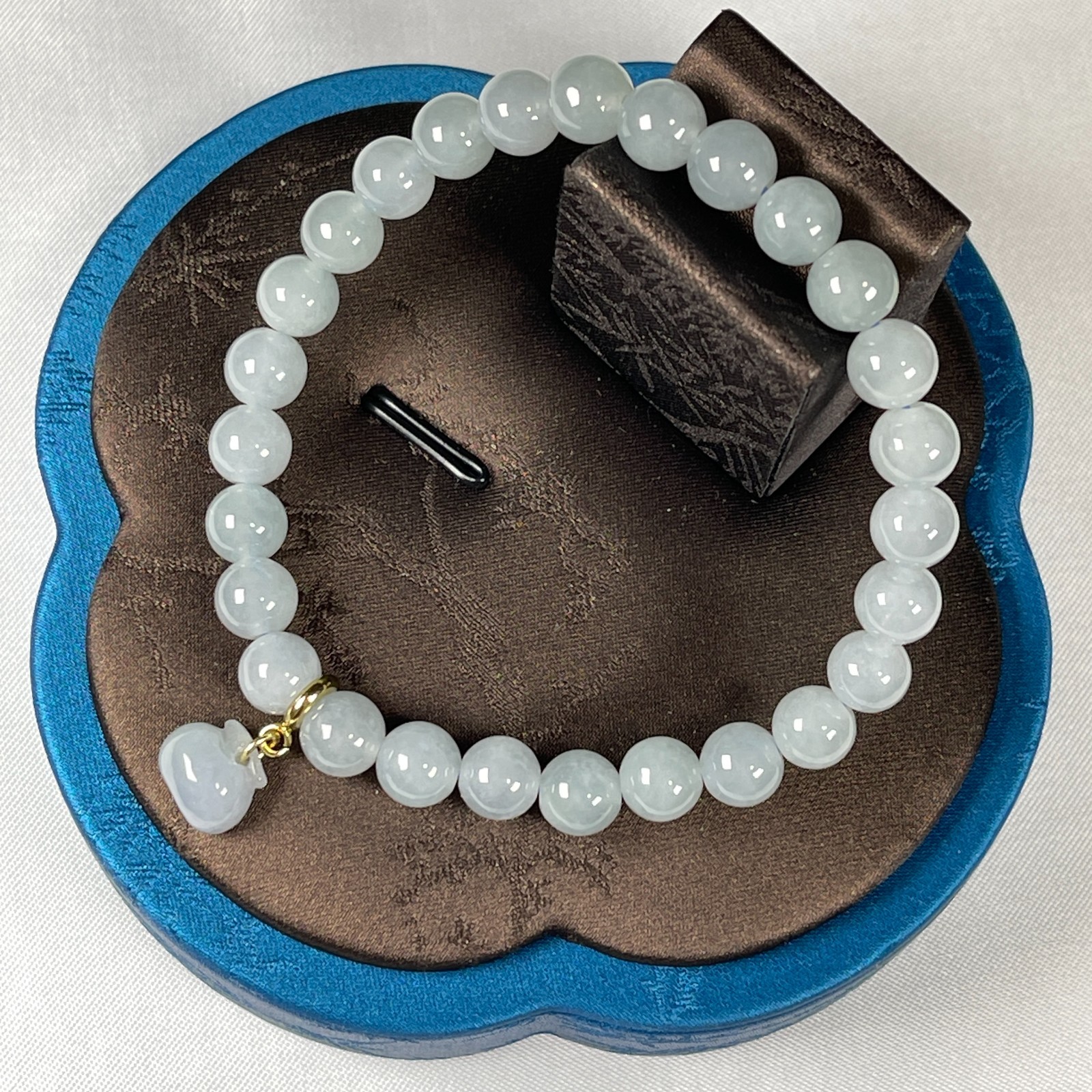 Certified Natural Jadeite Skyblue Beads Bracelet With Apple Charm 0302