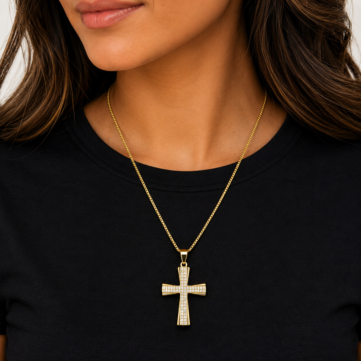 Italian 1/200 Iced CZ Two Row 14k Yellow Gold Oro Cross Pendant Cadena Men Women