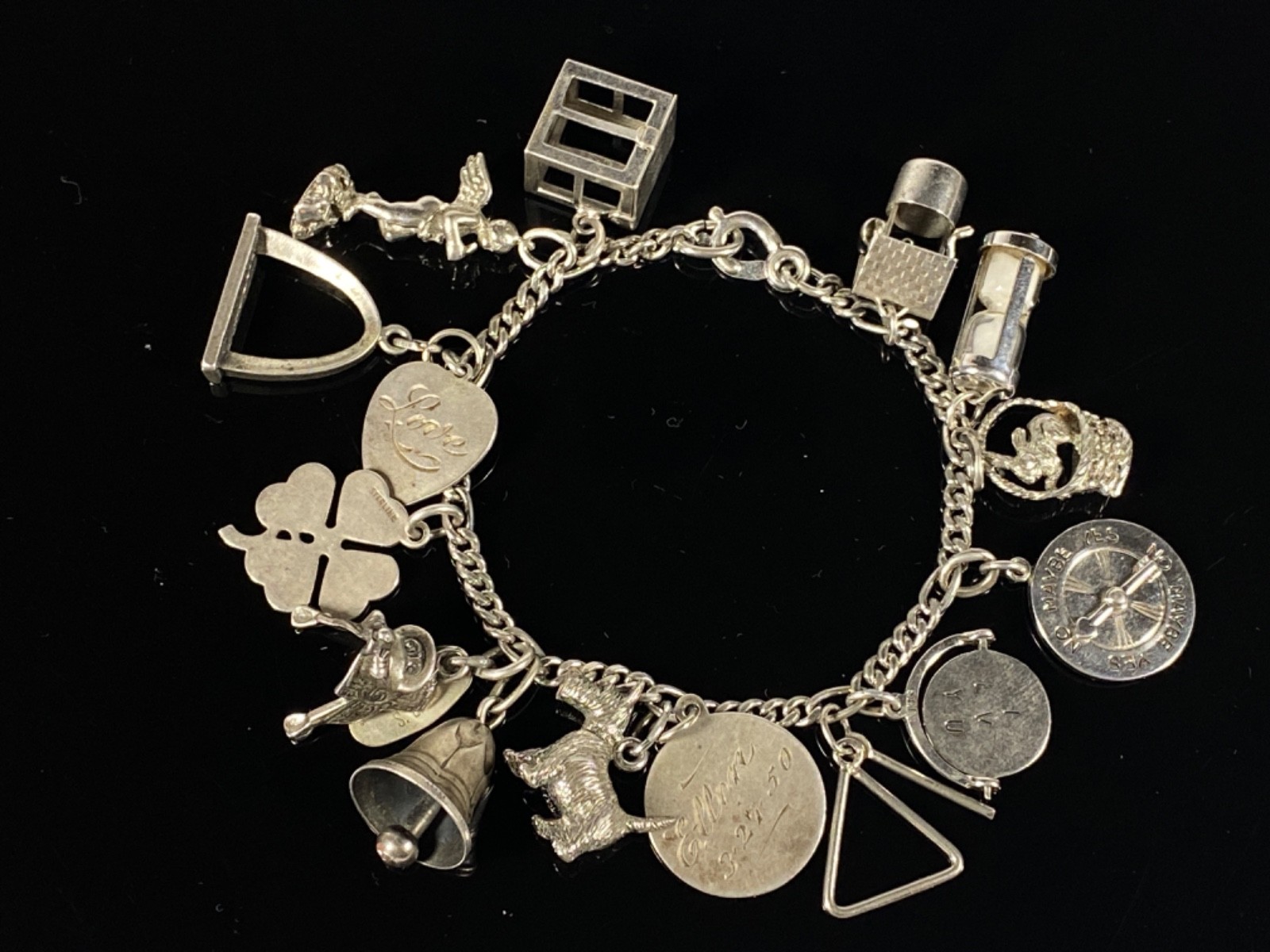 STERLING SILVER Vintage Charm Bracelet 45g Variety of 15 Charms Kinney Wells