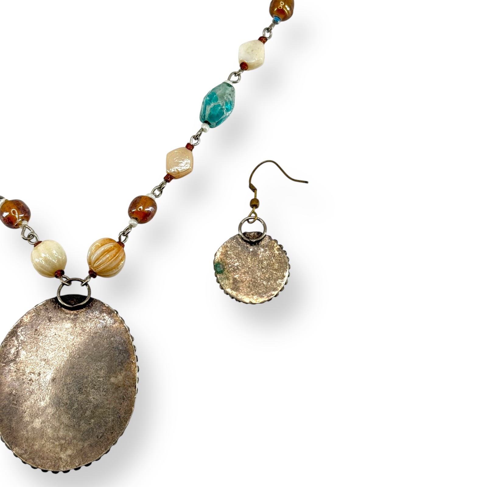 VTG Faux Bone Beaded Gemstone Necklace Earring Set Multicolor Hand Made Pendant